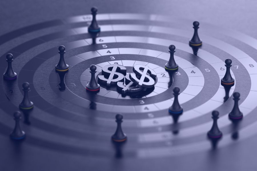 Chess pawns targeting dollar symbols